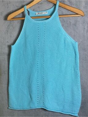 Yidarton Light Blue Knit Halter Tank Top Sleeveless Pointelle Festival Small